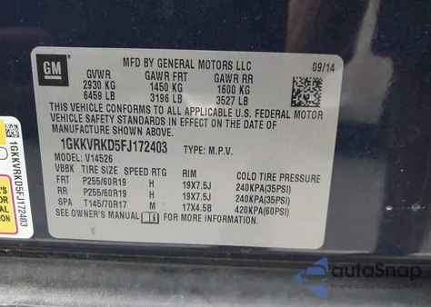 2015 GMC Acadia Slt-1 из США, поврежденный, VIN 1GKKVRKD5FJ172403